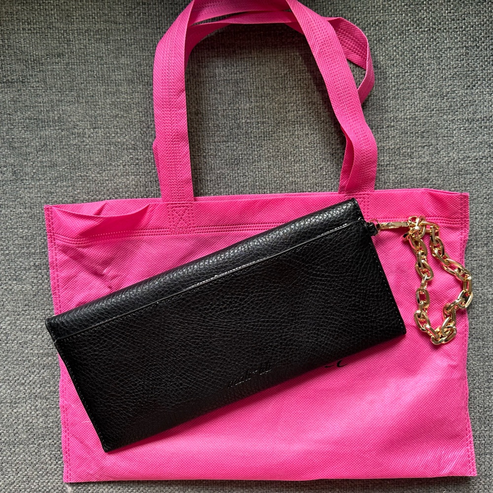 Mali + Lili Black Vegan Leather Wallet Wristlet with Detachable Gold Chain